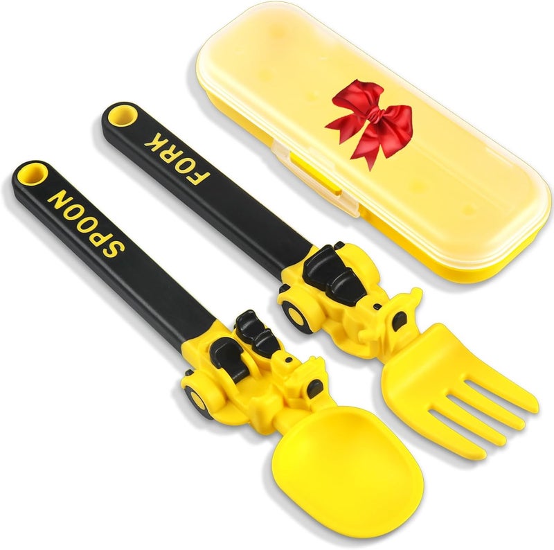 Deinyi Construction Utensils for Toddlers - Motorcycle Toddler Forks - for Utensils Gift - Forks and Spoons Silverware Set - Ideal for School Lunch, Travel, Outdoors - Yellow - Image 1